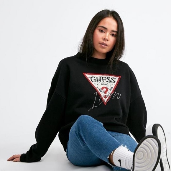 GUESS Icon Jeweled Cropped Oversized Sweatshirt - Picture 2 of 10